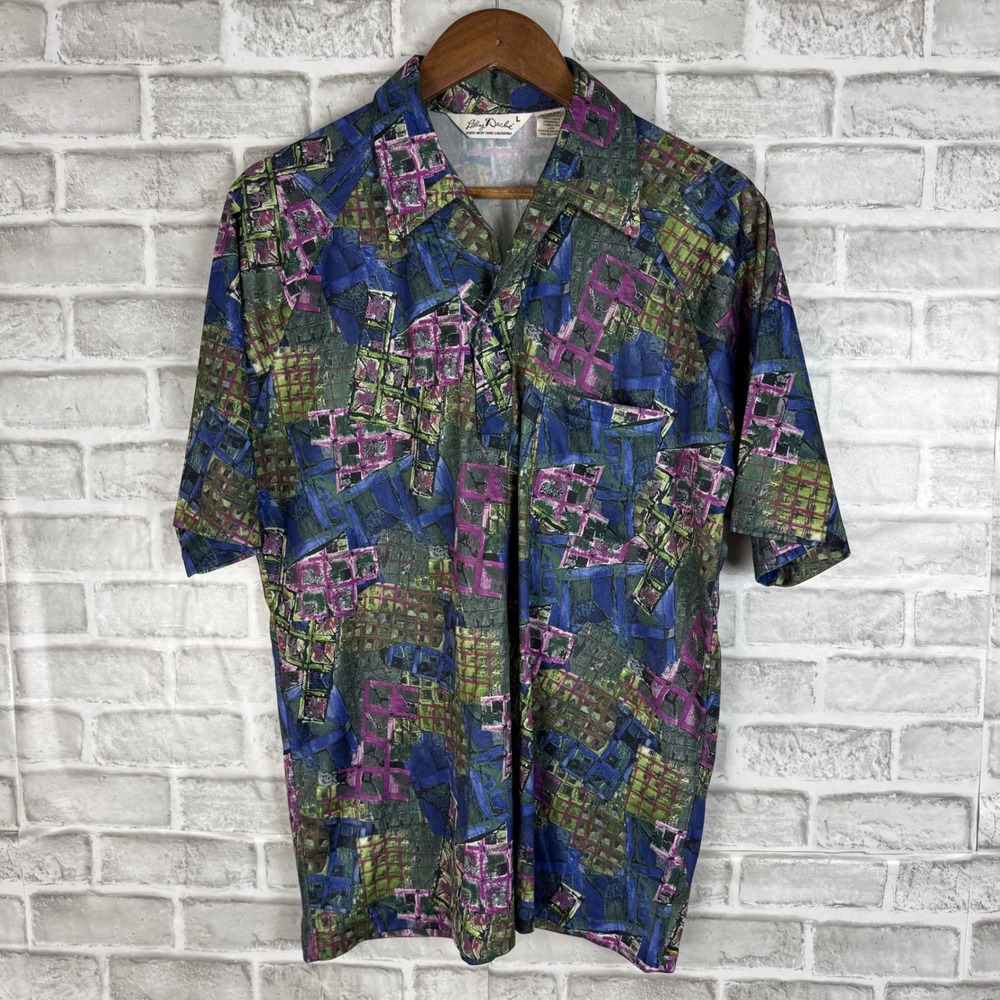 Vintage Lilly Dache Men Abstract Geometric Print Short Sleeve Button Shirt LARGE